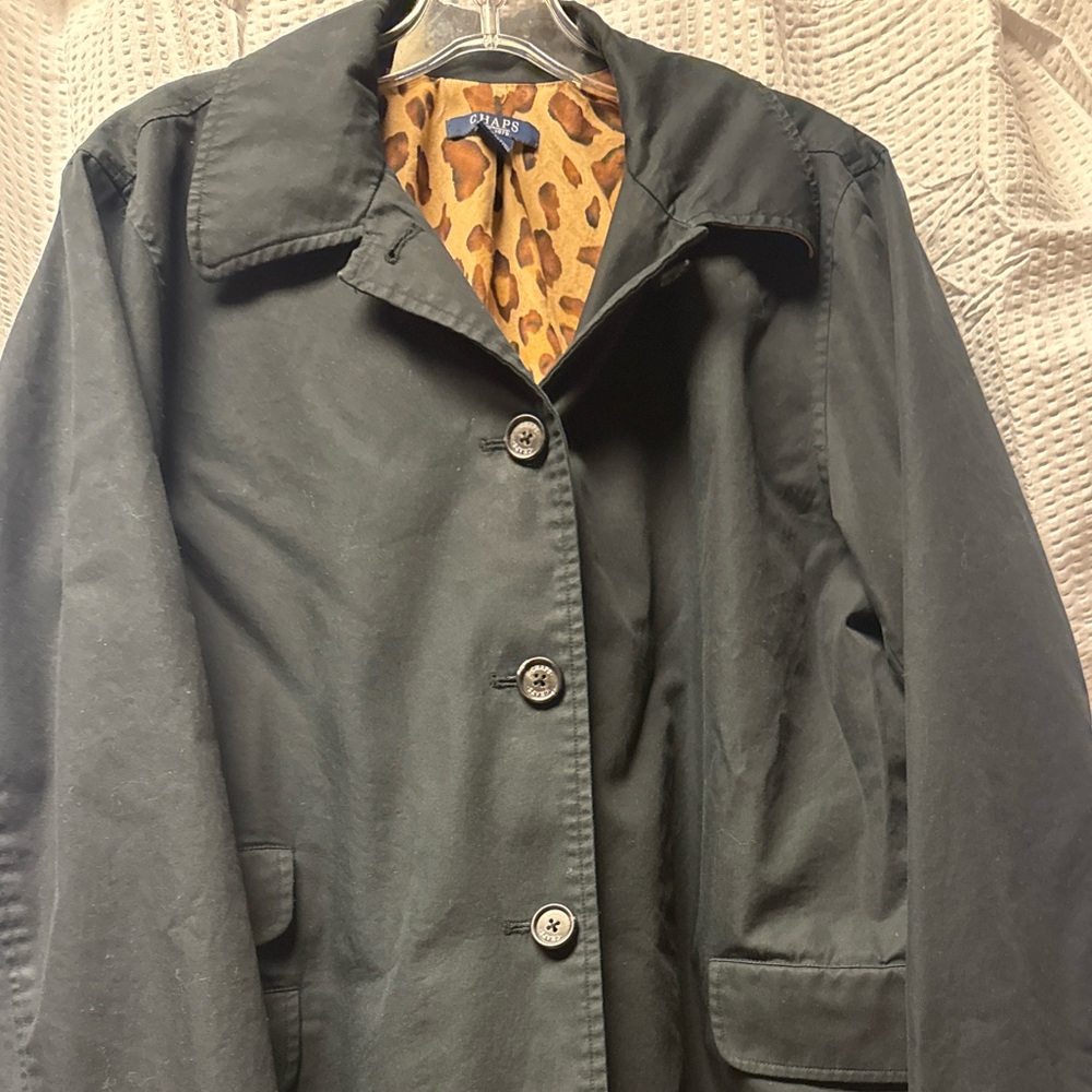 Chaps Black Midi Coat‎ with Leopard Lining